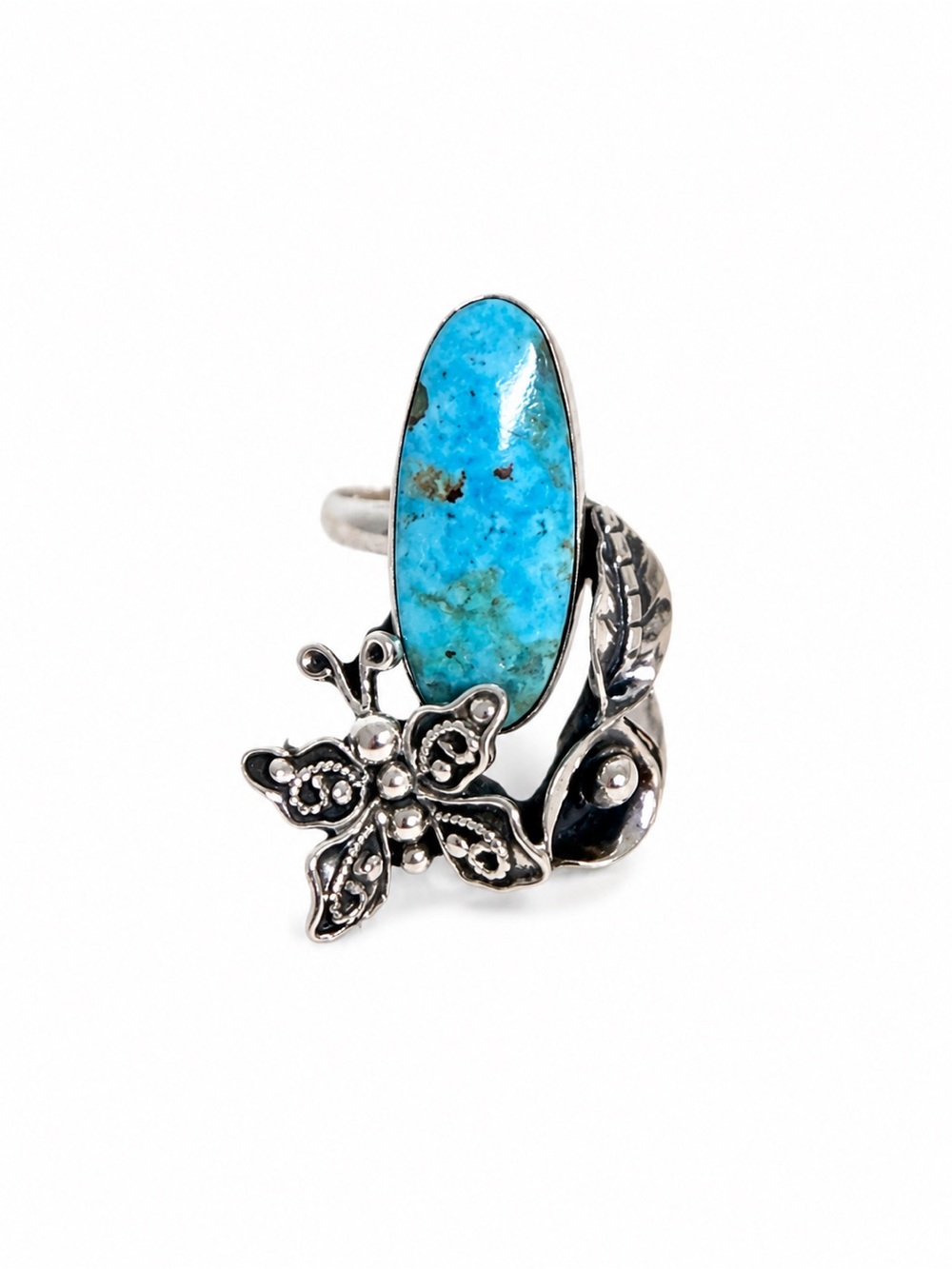 925 Sterling Silver Turquoise Floral Statement Ring - Blue